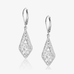 Geometric filigree drop earrings in silver-tone, teardrop lace-style design