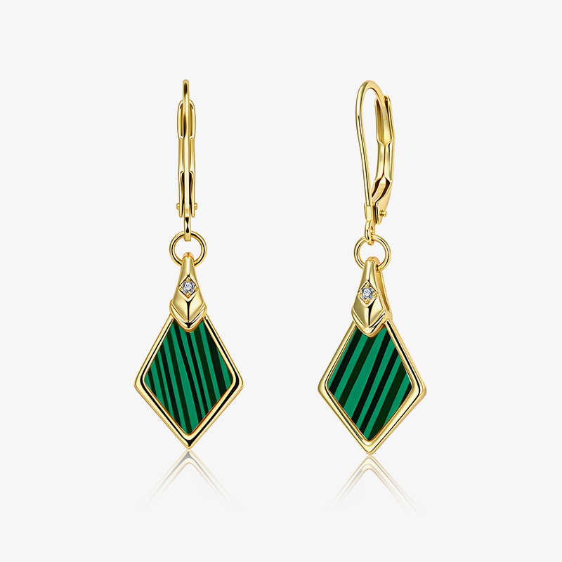 Malachite rhombus drop earrings with green striped stone and gold-tone setting