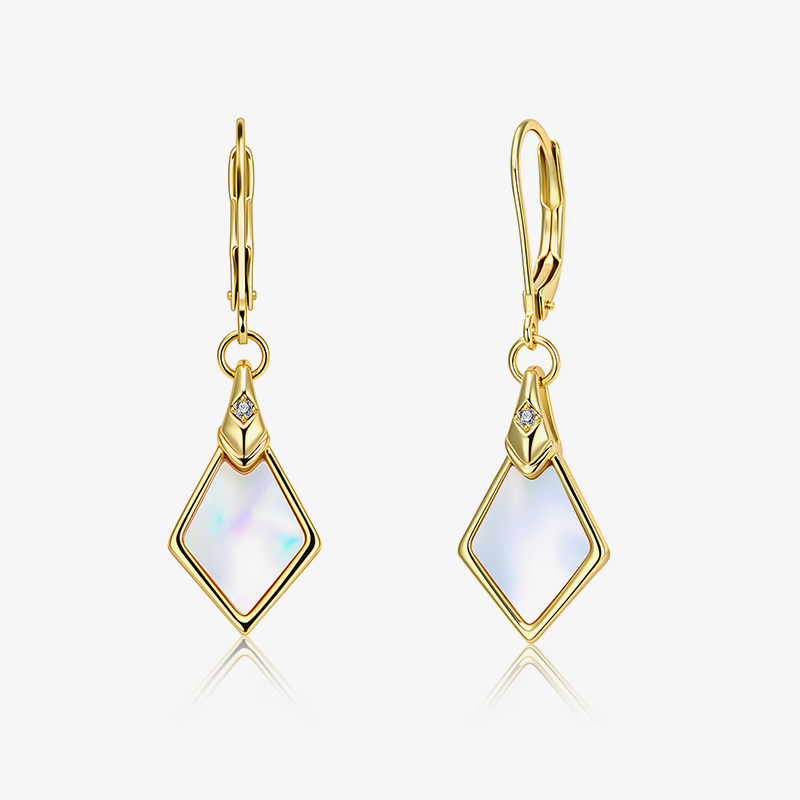 Pearl Shell rhombus drop earrings with iridescent white stone and gold-tone border