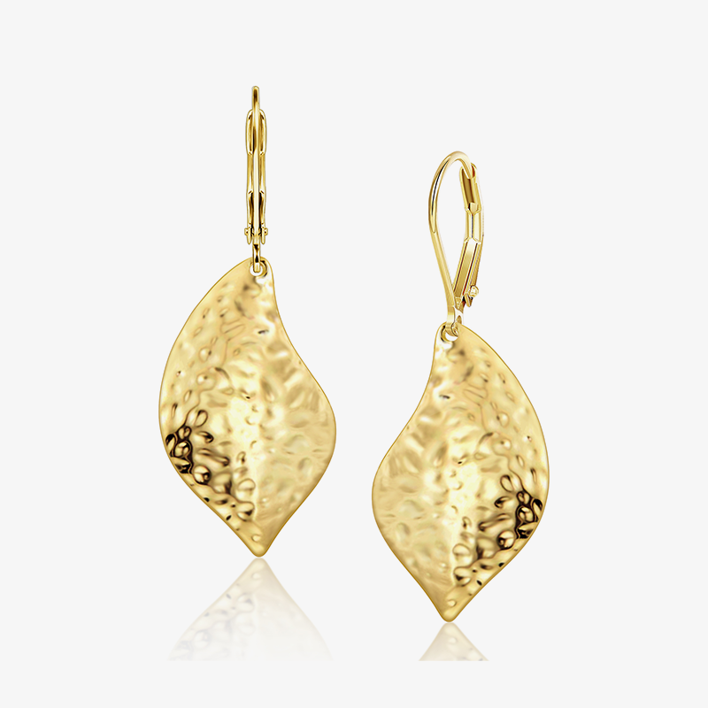 Hammered leaf drop earrings, gold-tone teardrop design with textured finish
