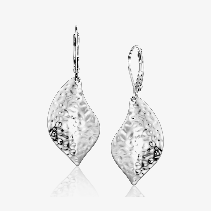 Hammered leaf drop earrings, silver-tone teardrop leaf with textured hammered surface