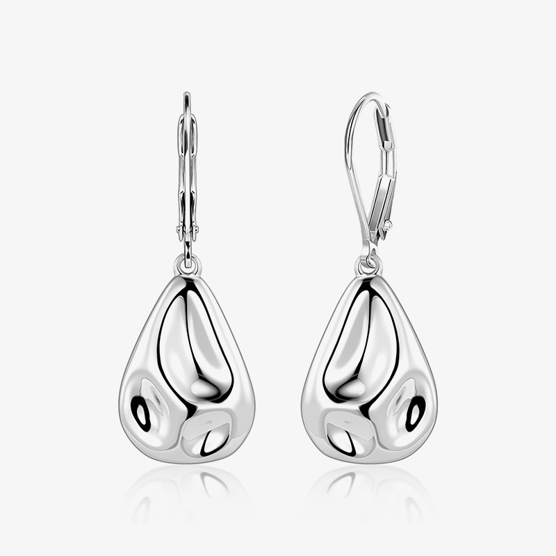Silver hammered waterdrop earrings with lever back, teardrop drops, shiny finish.