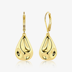 Gold hammered waterdrop earrings with lever back, teardrop drops, polished shine.
