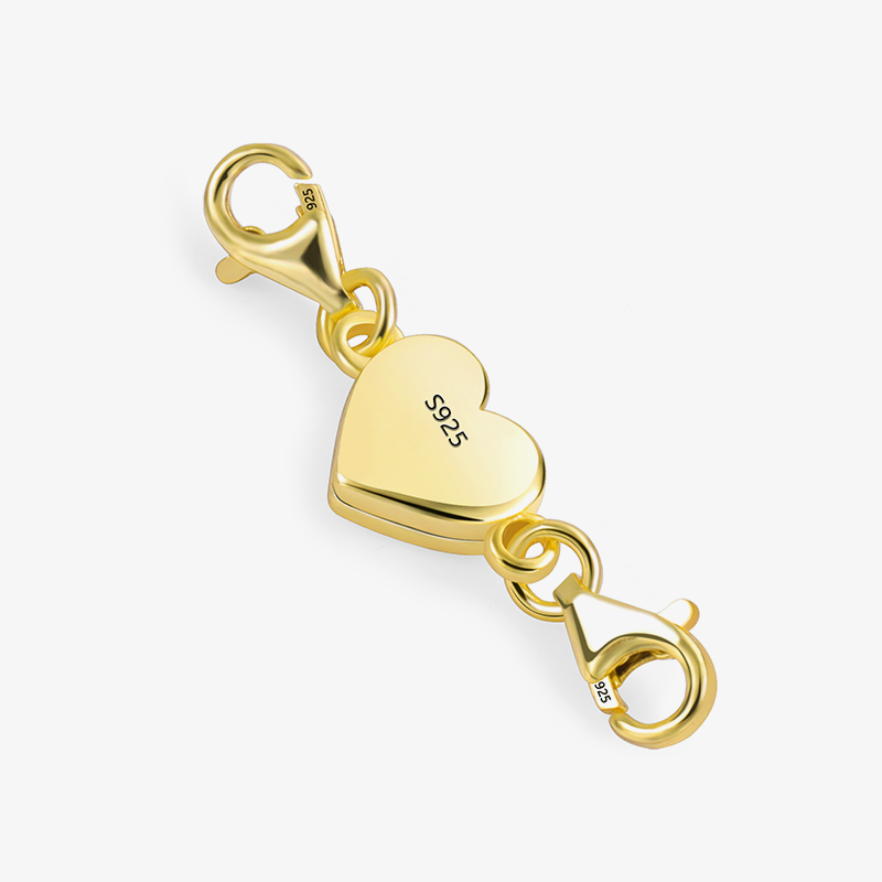 Gold heart magnetic clasp for necklace and bracelet, 925 marking on heart faces