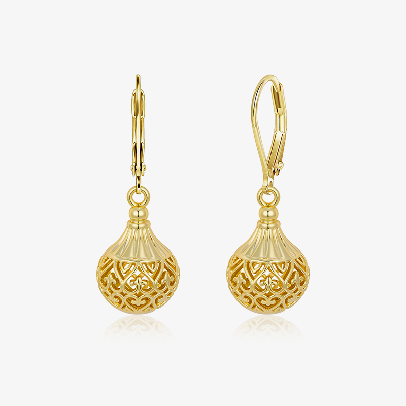 Gold hollow lantern earrings with ornate cutout globe and dangling bead accents