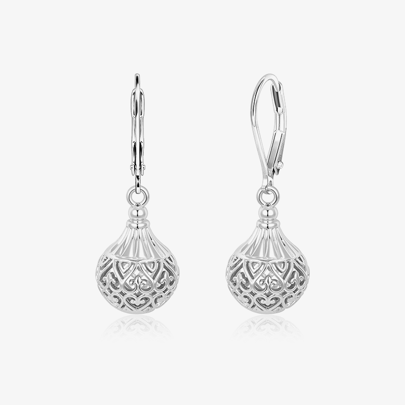 Silver hollow lantern earrings with decorative lattice globe and dangling bead accents