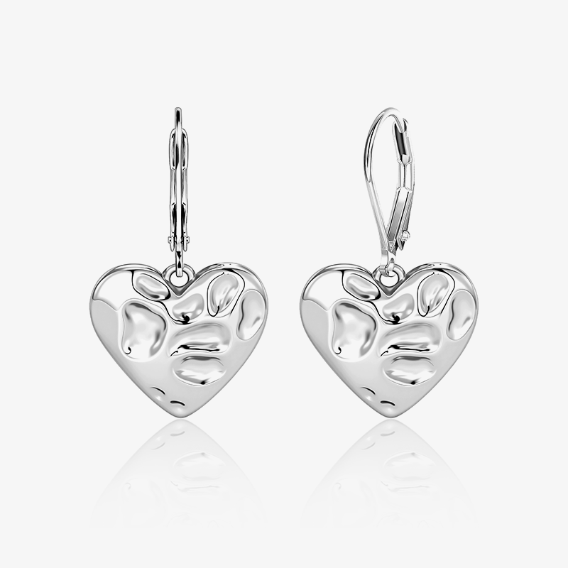 Molten Heart French drop earrings, silver heart pendant with textured glossy surface