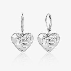 Molten Heart French drop earrings, silver heart pendant with textured glossy surface