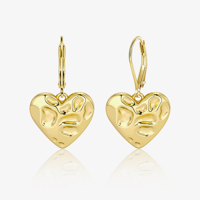 Molten Heart French drop earrings, gold heart pendant with textured glossy finish