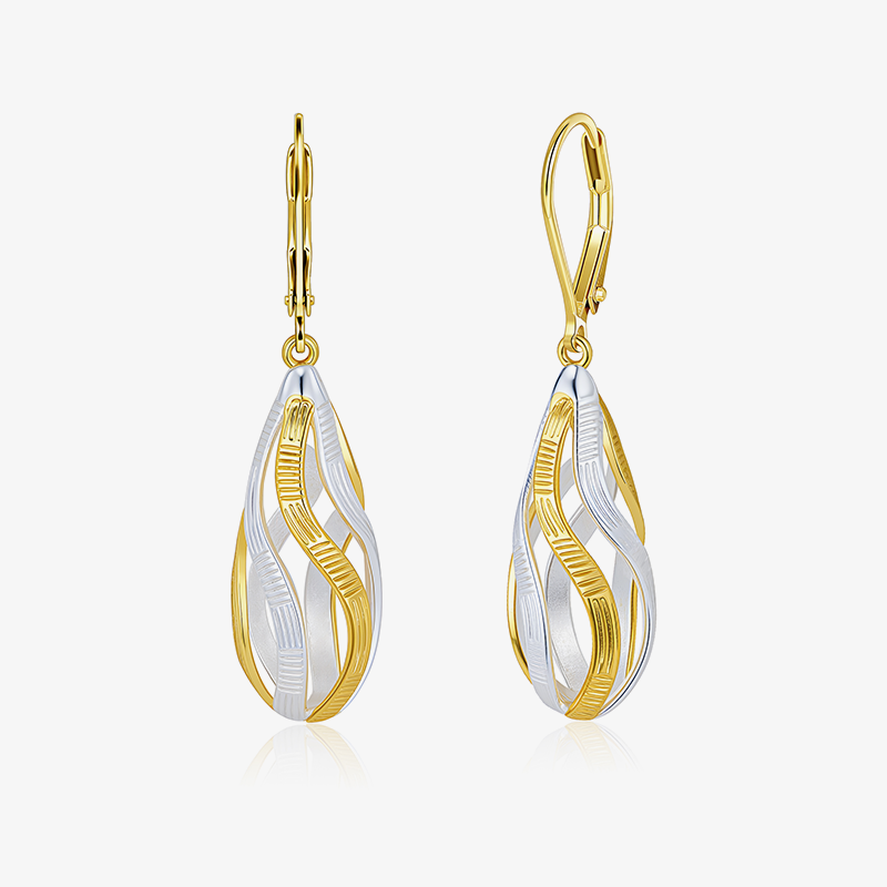 Twisted teardrop two-tone earrings, gold and silver ridged dangle