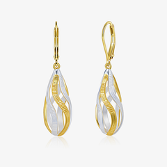 Twisted teardrop two-tone earrings, gold and silver ridged dangle