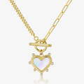 Gold heart pearl charm necklace with oval clasp and glittering stone details