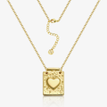 Gold heart locket necklace with textured square pendant and inset heart, fine chain links.