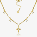 Gold-tone chain necklace with central star pendant, zircon accents, and small charm links