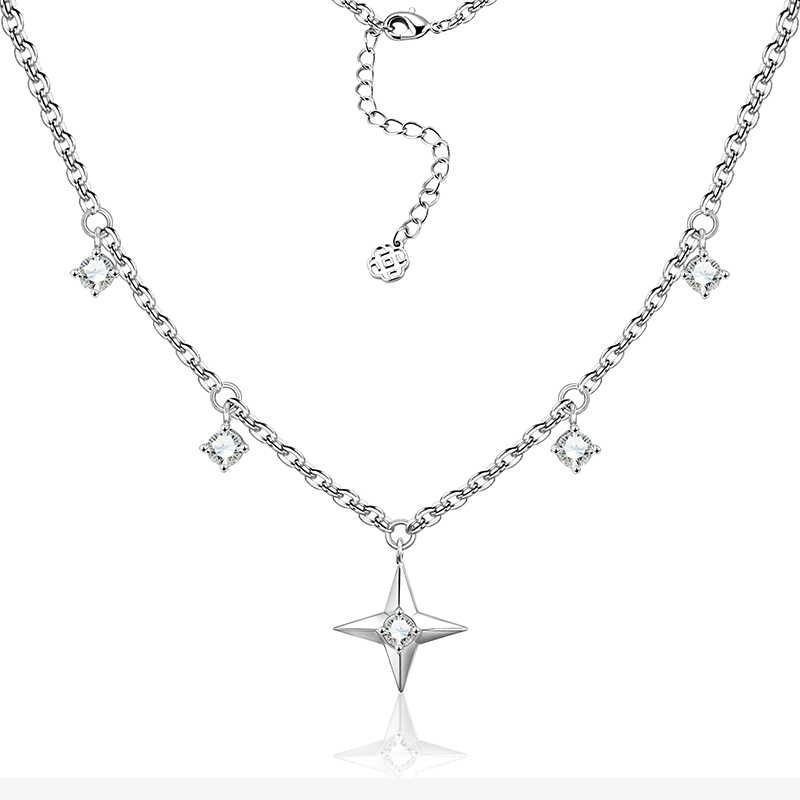 Silver-tone chain necklace with central star pendant and round zircon charm drops