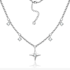 Silver-tone chain necklace with central star pendant and round zircon charm drops