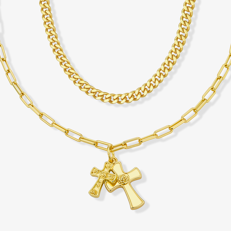 Rose & Cross Layering Necklace Set