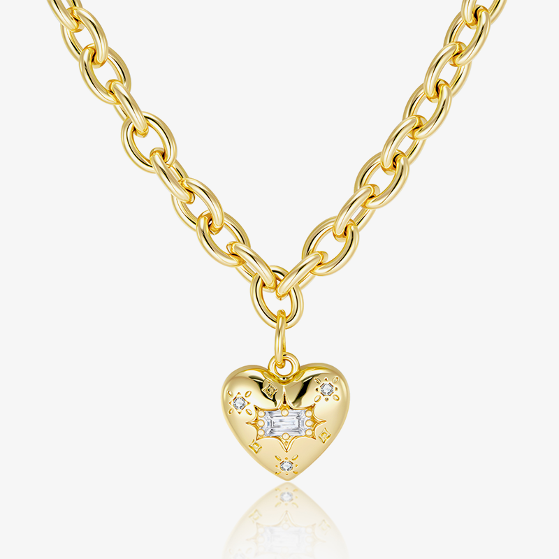 Gold-toned link chain with heart pendant and rhinestone accents