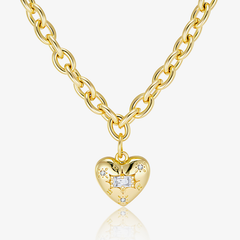 Gold-toned link chain with heart pendant and rhinestone accents