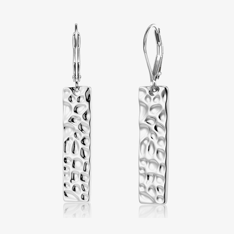 Square hammered bar drop earrings, silver-tone finish, rectangular textured pendant