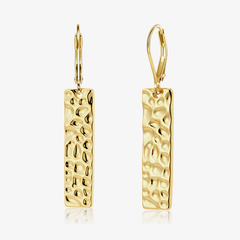 Square hammered bar drop earrings, gold-tone finish, rectangular textured pendant