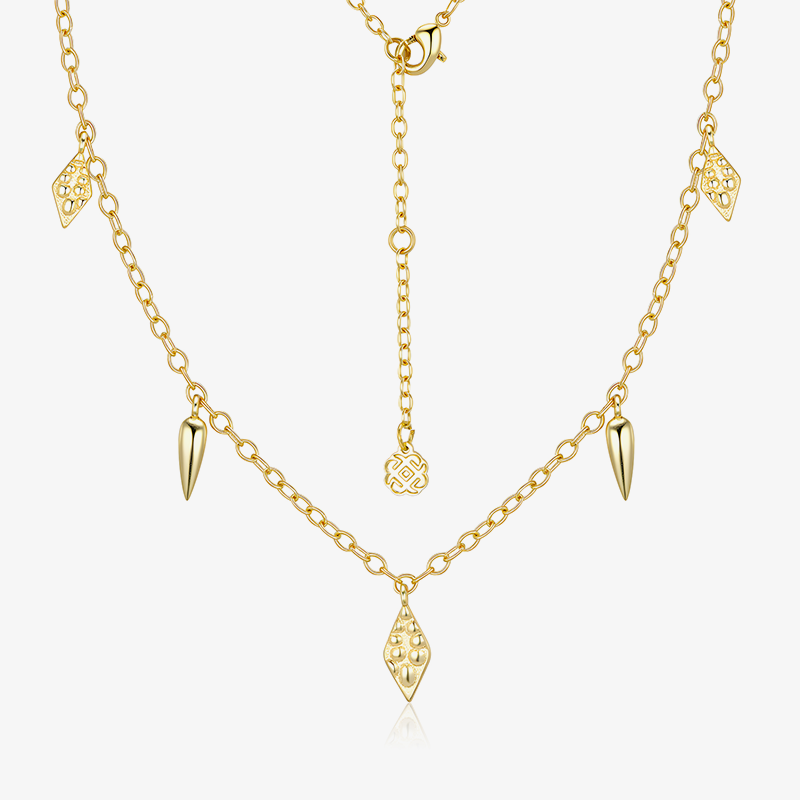 Gold geometric drop necklace with three dangling motifs and small chain links