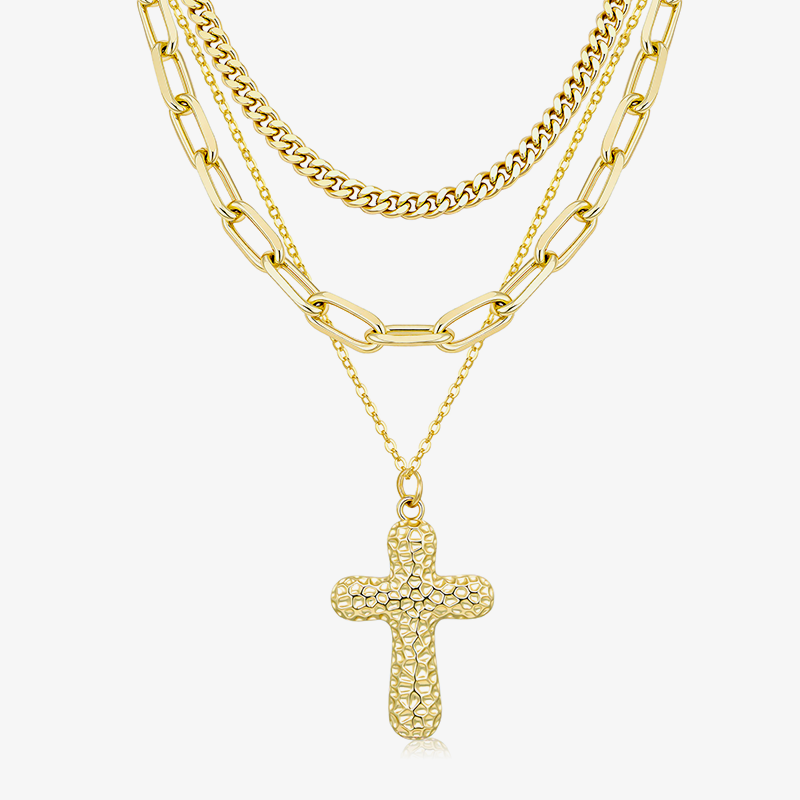 Gold Trinity layered heavy-link chain set with cross pendant