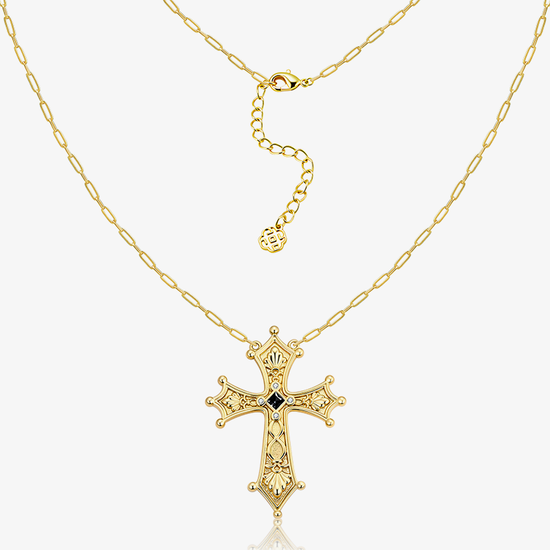 Vintage Baroque Cross Necklace in gold on curb chain, ornate filigree with dark inset