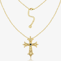 Vintage Baroque Cross Necklace in gold on curb chain, ornate filigree with dark inset