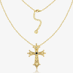 Vintage Baroque Cross Necklace in gold on curb chain, ornate filigree with dark inset