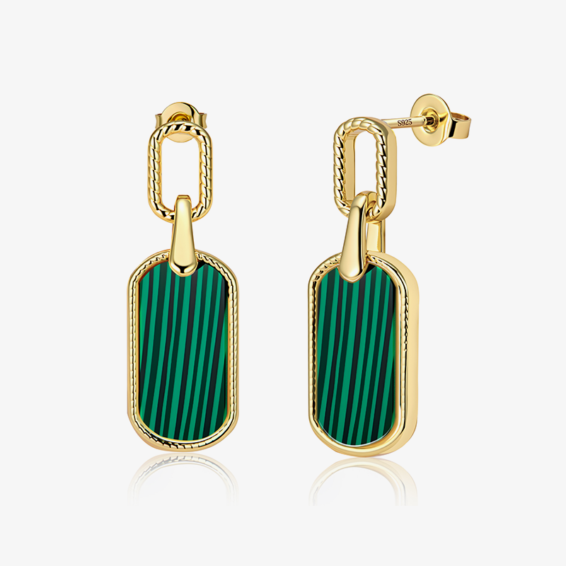 Vintage statement earrings in malachite green with gold-tone oval hoops and long drops.