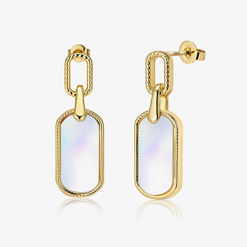 Pearl shell statement earrings with iridescent white rectangular drops and gold-tone hoops.