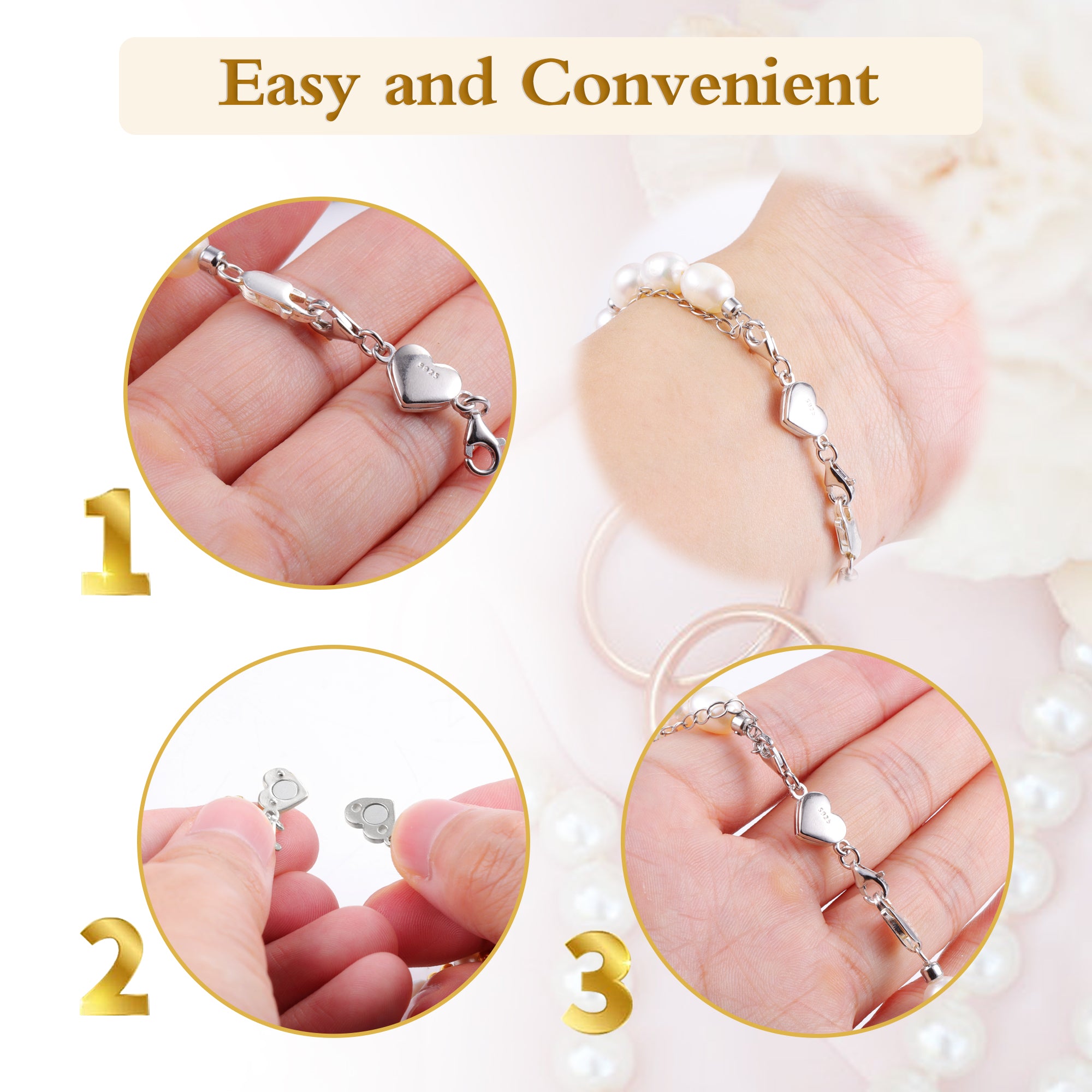 Silver heart magnetic clasp illustrated connecting steps on hands and bracelet links