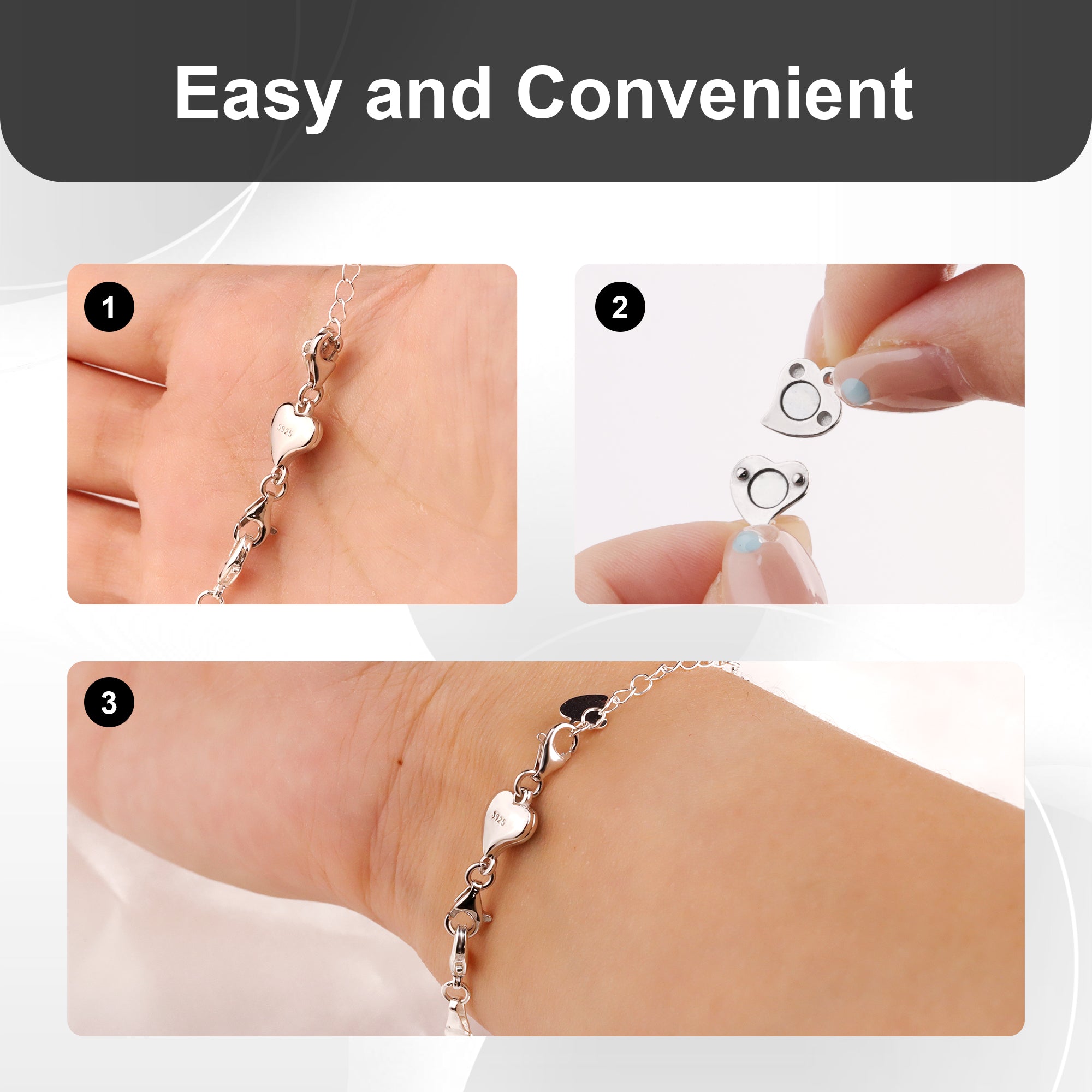 Silver heart chain extender with heart charm and clasp shown in step-by-step use