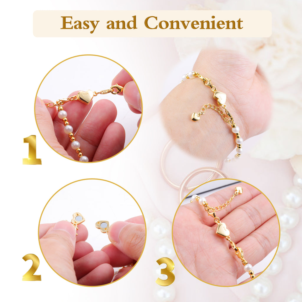 Gold heart magnetic clasp illustrated connecting steps on hands and bracelet links