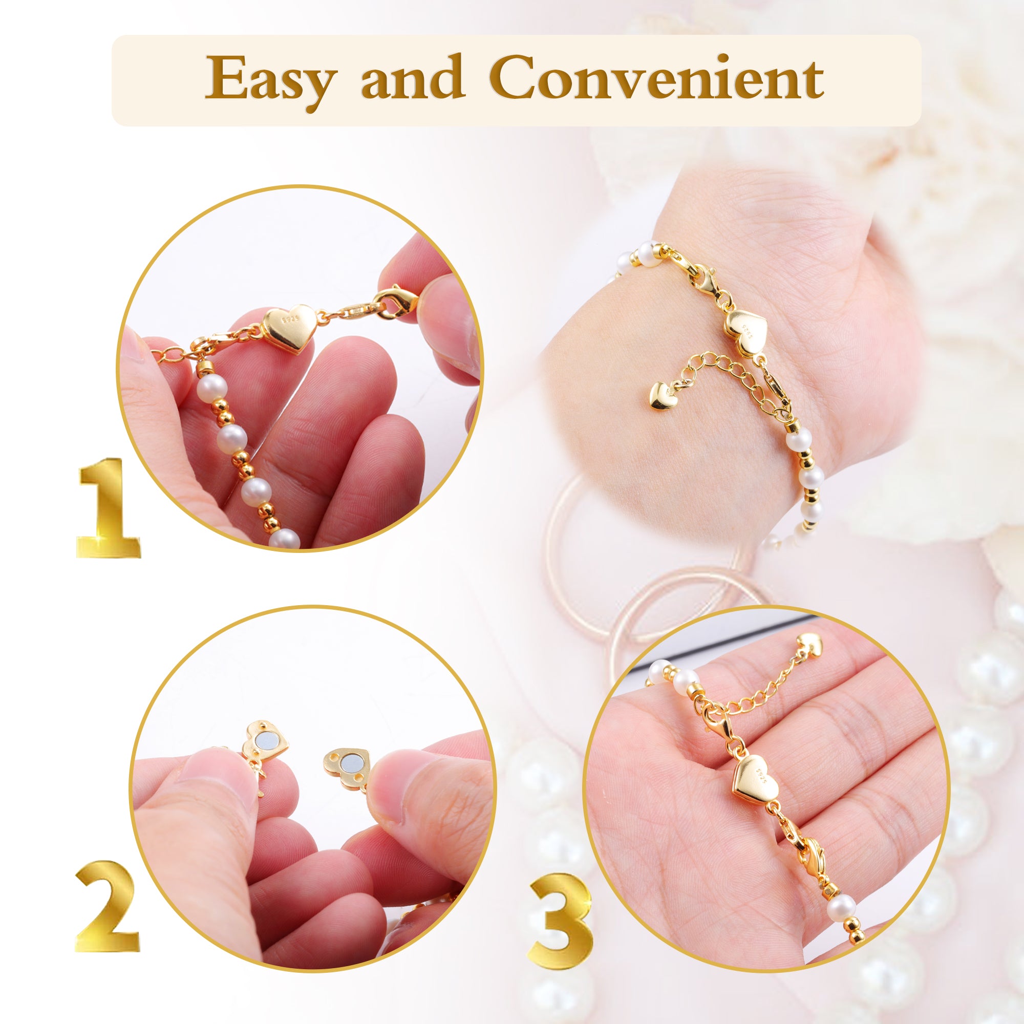 Gold heart magnetic clasp illustrated connecting steps on hands and bracelet links