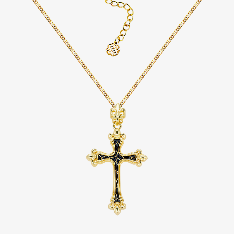 Noir Horizon Cross Necklace—gold chain with black-enamel cross pendant