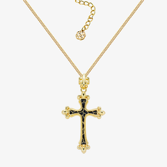 Noir Horizon Cross Necklace—gold chain with black-enamel cross pendant
