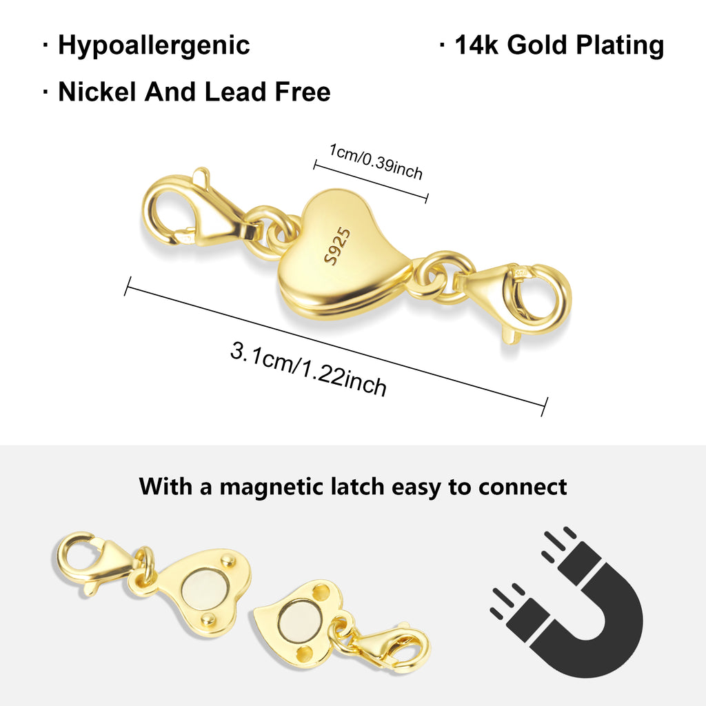 Gold heart chain extender with S925 heart charm and clasp, shown with size markings