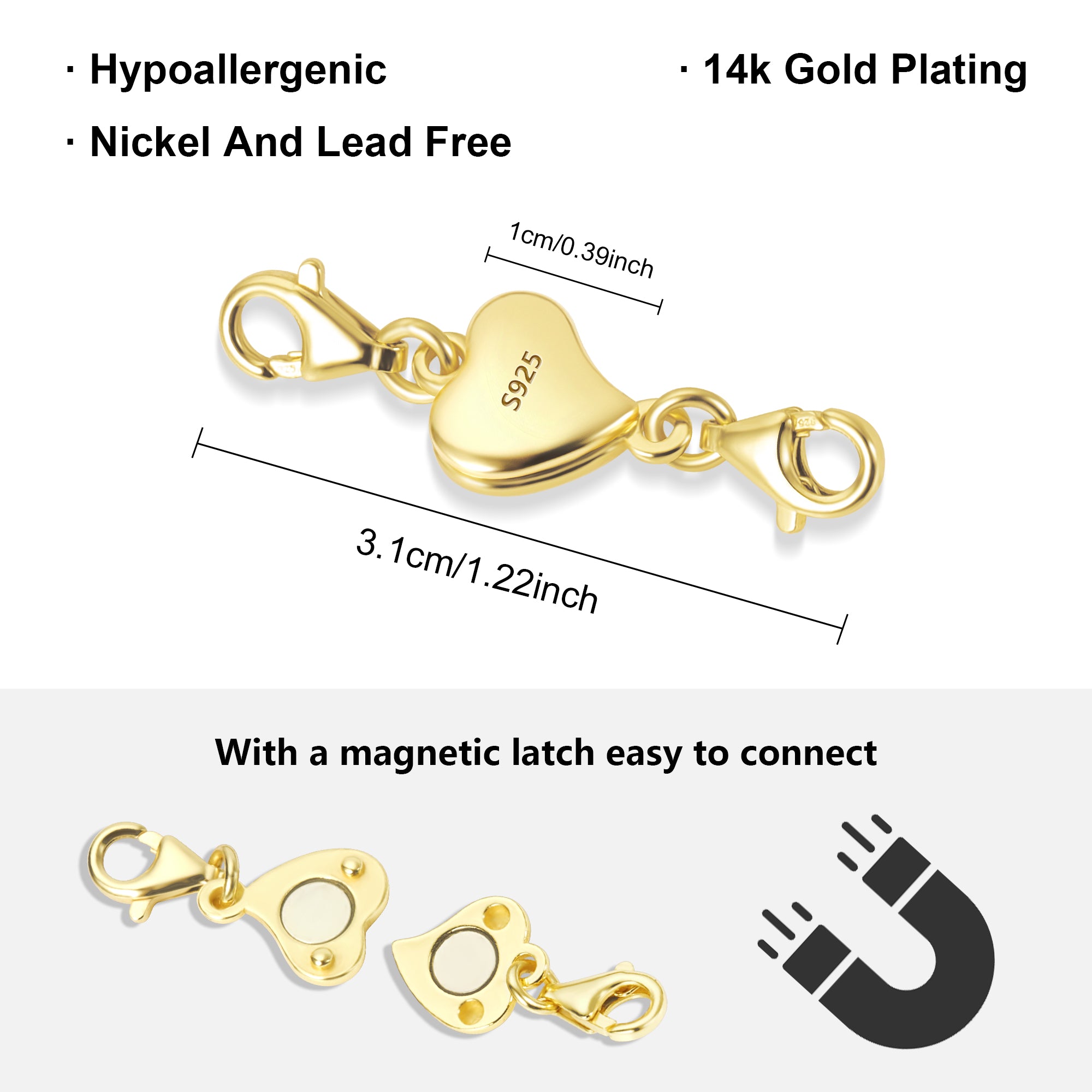 Gold heart chain extender with S925 heart charm and clasp, shown with size markings
