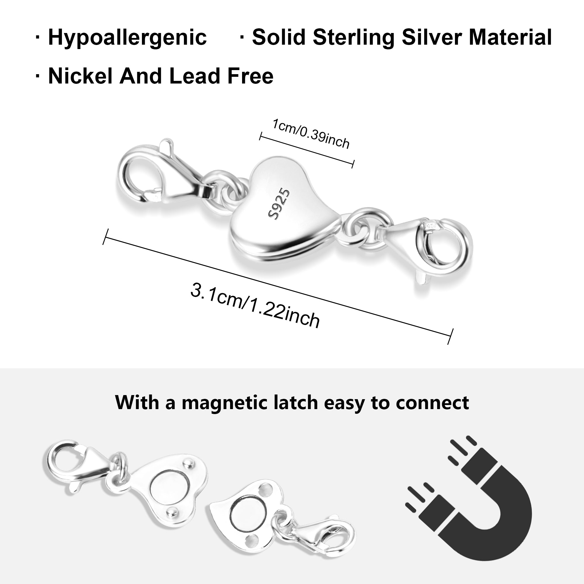 Heart Chain Extender, silver heart connector with magnetic latch and two lobster clasps
